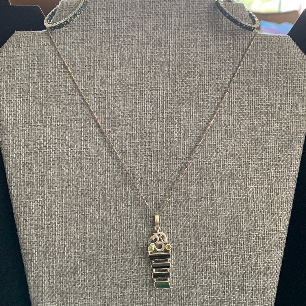 Sterling Silver Dark Green Gemstone Necklace (16”) & Hoop Earrings (1-1/4” long)